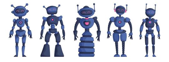 Set of five robot girls isolated on white background. Blue Characters Artificial Intelligence Concept Flat Vector Illustration.