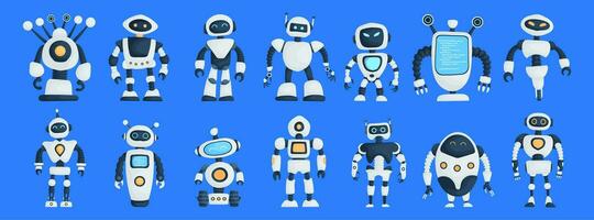 Big Set of Modern Robots Isolated on Blue Background Cute Character Cartoon Artificial Intelligence Concept Flat Vector Illustration