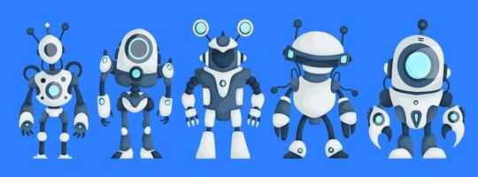 Set of Five Modern Robots Isolated on Blue Background Cute Character Cartoon Artificial Intelligence Concept Flat Illustration vector