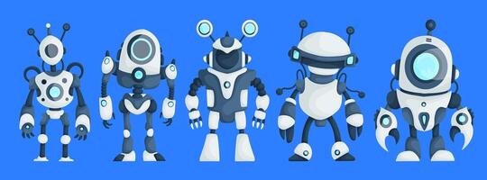 Set of Five Modern Robots Isolated on Blue Background Cute Character Cartoon Artificial Intelligence Concept Flat Vector Illustration