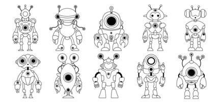 Set of linear black and white robot icons Isolated on white background. Character Artificial Intelligence Concept Flat Vector Illustration.