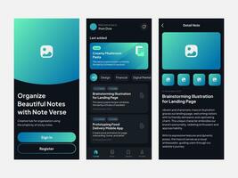 Clean UI UX design template vector. Suitable for mobile application note app, task activity, reminder, manage job. Dark mode design. vector