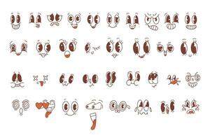 Set of retro cartoon mascot characters. Vintage funny faces with emotions of joy, fun, surprise or cunning. Funny avatars with big eyes and mouth. Vector