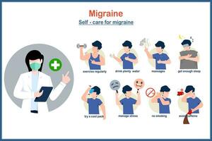 médico vector ilustración.yo cuidado para migraña incluye estrés gestión, consiguiendo suficiente dormir, no de fumar y cafeína, masaje y esencial aceites, bebiendo mucho de ejercicio.agua regularmente.