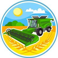 Green agricultural combine harvester machine vector image with white stroke along the contour in circle with wheat field and blue sky background during harvesting works. Agriculture collection