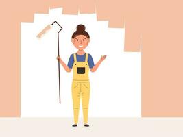 Color of the year 2024. Professional worker with brush peach color. Painters recent characters vector illustration