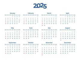 2025 calendar vector template. Week Starts on Sunday