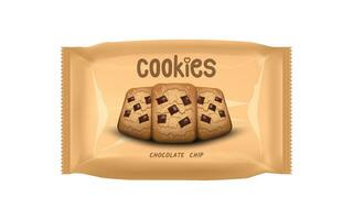 Design Brown foil packaging template for chocolate chip cookies snack. Vector illustration EPS 10.