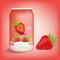 Can of milk or strawberry flavored juice on red background. Vector illustration EPS 10.