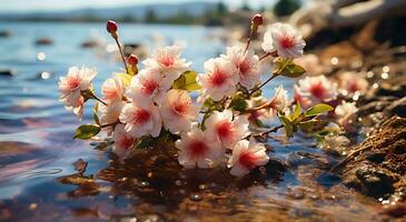 AI generated Different colors of roses and cherry blossoms are blooming on the beach photo