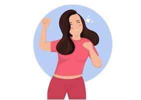 Happy woman raises her hands and tilts her head in a cute dance pose. Vector illustration