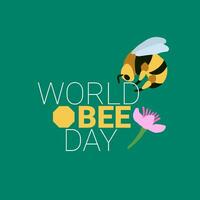 World bee day poster. Save the bees. Bee bending down to pollinate a flower. Vector illustration. World bee day text with a honeycomb.