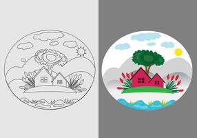 hermosa pueblo naturaleza escena ilustración, flor, árbol, casa vector logo diseño modelo