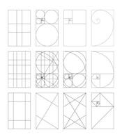 Set of Golden ratio template. Method golden section. Fibonacci array, numbers. Harmony proportions collection. Outline vector graphic illustration. Geometric figures. Eps.