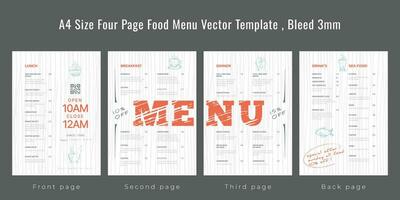 Restaurant cafe menu, template design, A4 size four page food menu template, Bleed 3mm vector