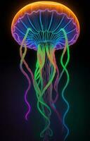 AI generated Artistic Beautiful Neon Jellyfish in Deep Dark Ocean Background photo