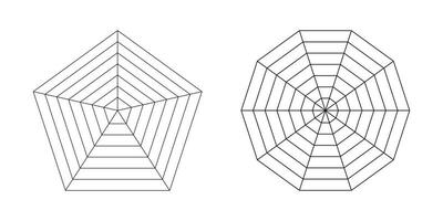 Pentagon graph. Set of polygon radar spider templates. Spider mesh. Collection of blank radar charts. Flat web diagrams for statistic, analytics. Vector outline illustration. Eps.