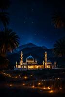 AI generated Celestial Tranquility Of Islamic Mosque Grace Under Night Sky photo