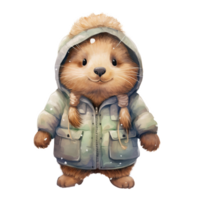 AI generated Beaver Wearing Winter Clothes For Christmas Event. Watercolor Style. AI Generated png