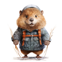 AI generated Beaver Wearing Winter Clothes For Christmas Event. Watercolor Style. AI Generated png