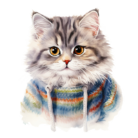 AI generated Cat Wearing Winter Clothes For Christmas Event. Watercolor Style. AI Generated png