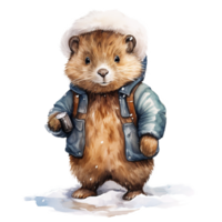 AI generated Beaver Wearing Winter Clothes For Christmas Event. Watercolor Style. AI Generated png