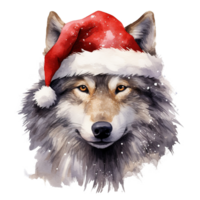 ai gegenereerd wolf vervelend de kerstman hoed voor Kerstmis evenement. waterverf stijl. ai gegenereerd png