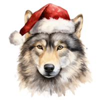 ai generato lupo indossare Santa cappello per Natale evento. acquerello stile. ai generato png