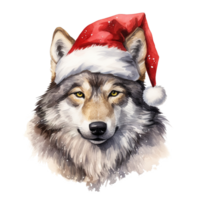ai gegenereerd wolf vervelend de kerstman hoed voor Kerstmis evenement. waterverf stijl. ai gegenereerd png