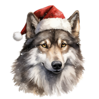 AI generated Wolf Wearing Santa Hat For Christmas Event. Watercolor Style. AI Generated png