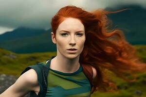 AI generated The red-haired girl travels in the mountains. Neural network AI generated photo