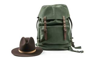 AI generated Travel set isolated on white background. Hat, backpack and boots. Neural network AI generated photo