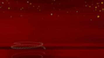 Christmas tree formed of golden spiral particles and lines with a star spinning at the top of the tree against a red background with blurred particles falling. 3D Animation video