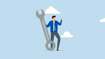 Fix business problem, 4k animation of businessman carrying large wrench metaphorically. video