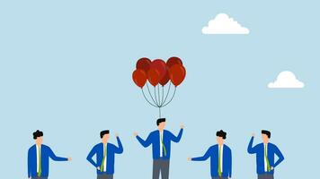 Innovation skill to different from others, 4k animation of  Businessman flying above other competitors in balloon suit and recruiting candidates. video