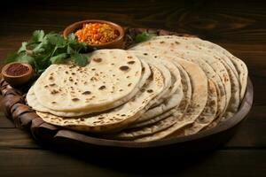 AI generated Wooden backdrop Indian traditional cuisine featuring chapati, a cultural staple photo