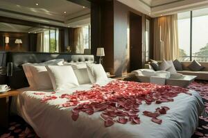 AI generated Hotel romance Bed adorned with rose petals creating a romantic setting AI Generated photo