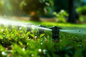 ai generado agua conservación en acción automático aspersor sistema con ajustable cabezas foto