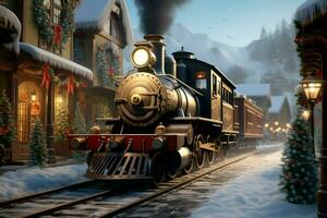 ai generado mágico invierno paseo un tren adornado con Navidad decoraciones en un Nevado ajuste ai generado foto
