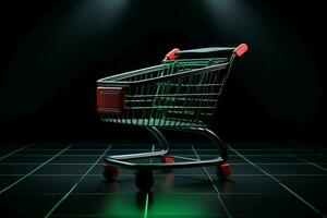 AI generated Promotional setup Shopping cart on dark podium, Black Friday theme photo