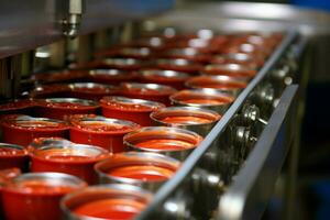 ai generado transportador cinturón magia Enlatado sardinas en tomate salsa producción línea foto