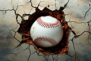 AI generated Dramatic baseball moment Ball tearing through a wall with cracks photo
