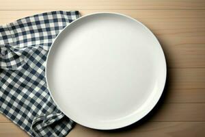 AI generated Clean arrangement Top view of empty white plate tray photo