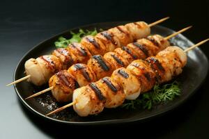 ai generado sabroso brocheta A la parrilla tubo conformado pescado pegar pastel o calamar delicadeza foto