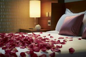 AI generated Hotel romance Bed adorned with rose petals creating a romantic setting AI Generated photo