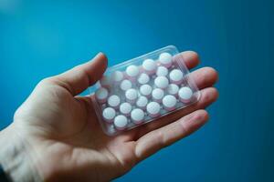 AI generated Healthcare visual Hand holding pill packs on a blue background photo