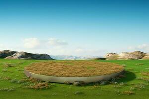 AI generated Meadow inspired 3D rendering with a circular podium on soil photo