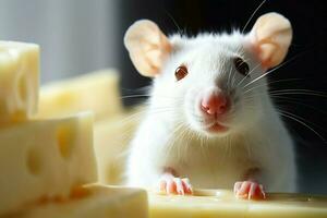 AI generated Cute critter Close up of a white tame rat with cheese photo
