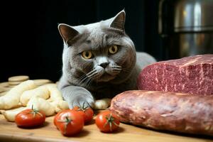 ai generado gato y cocina gris británico gato saboreando salchicha salami deliciosamente foto