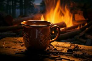 AI generated Cozy wilderness scene Steaming coffee cup by the campfire glow photo